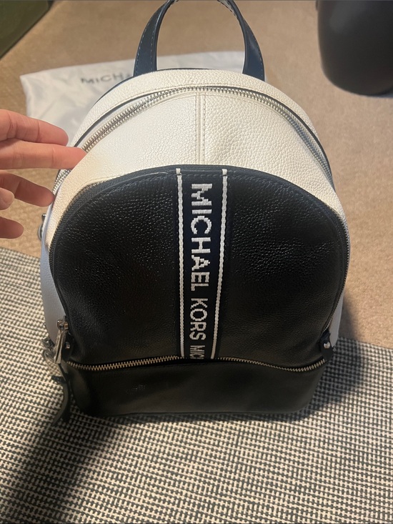 Michael Kors Black and White Logo Stripe Leather Backpack